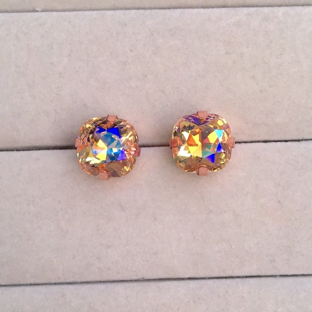 Iridescent Champagne Topaz Sparkle + Rose Gold Cushion Cut Crystal Earrings - Picture 8 of 8